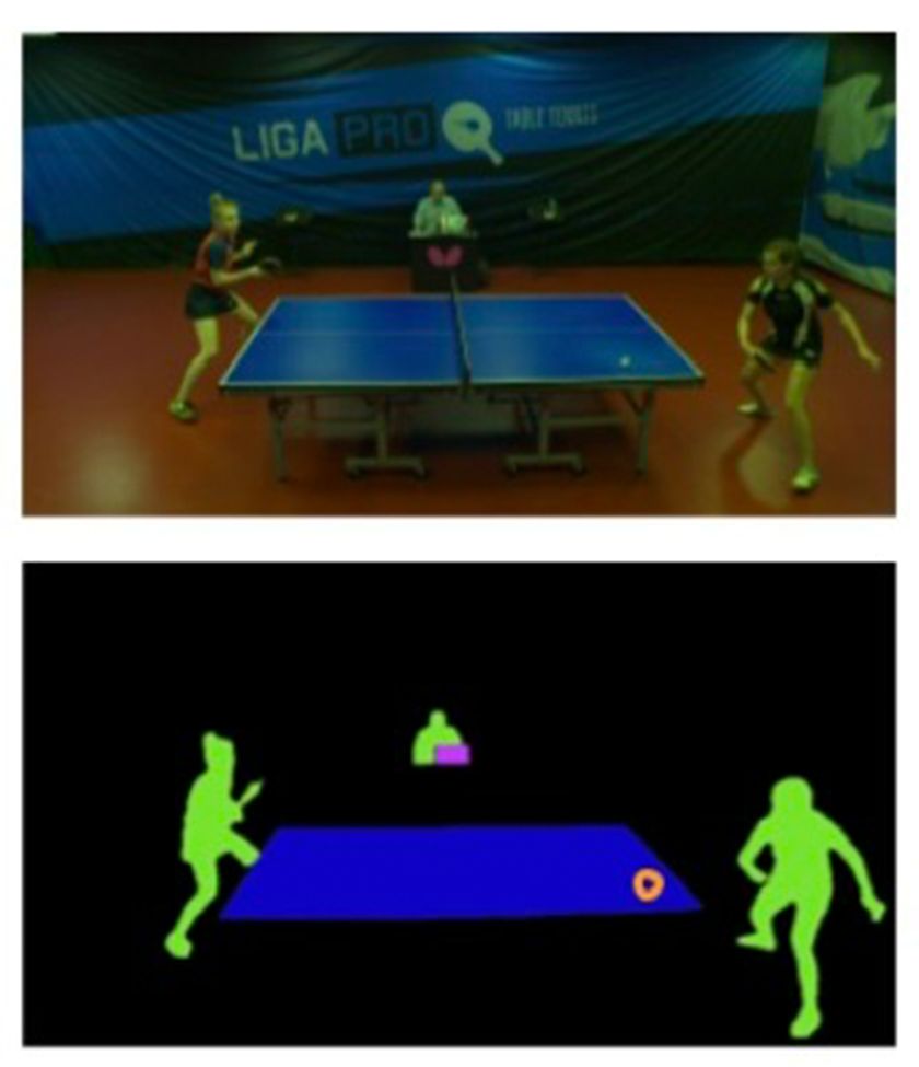 Table tennis frame beside a segmentation view of players, table, and ball