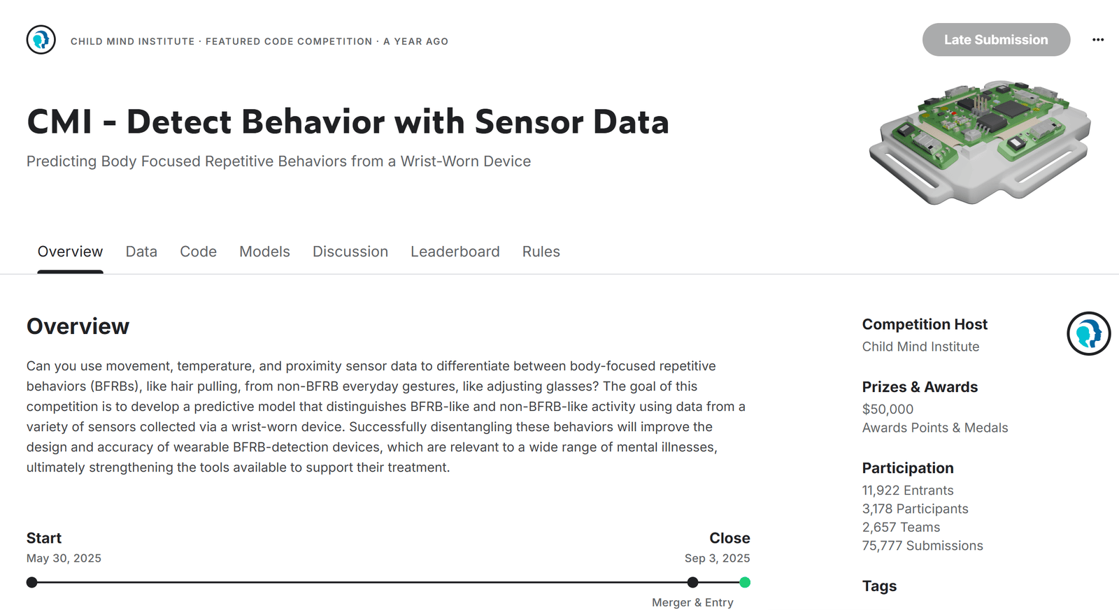 Kaggle overview page for CMI Detect Behavior with Sensor Data