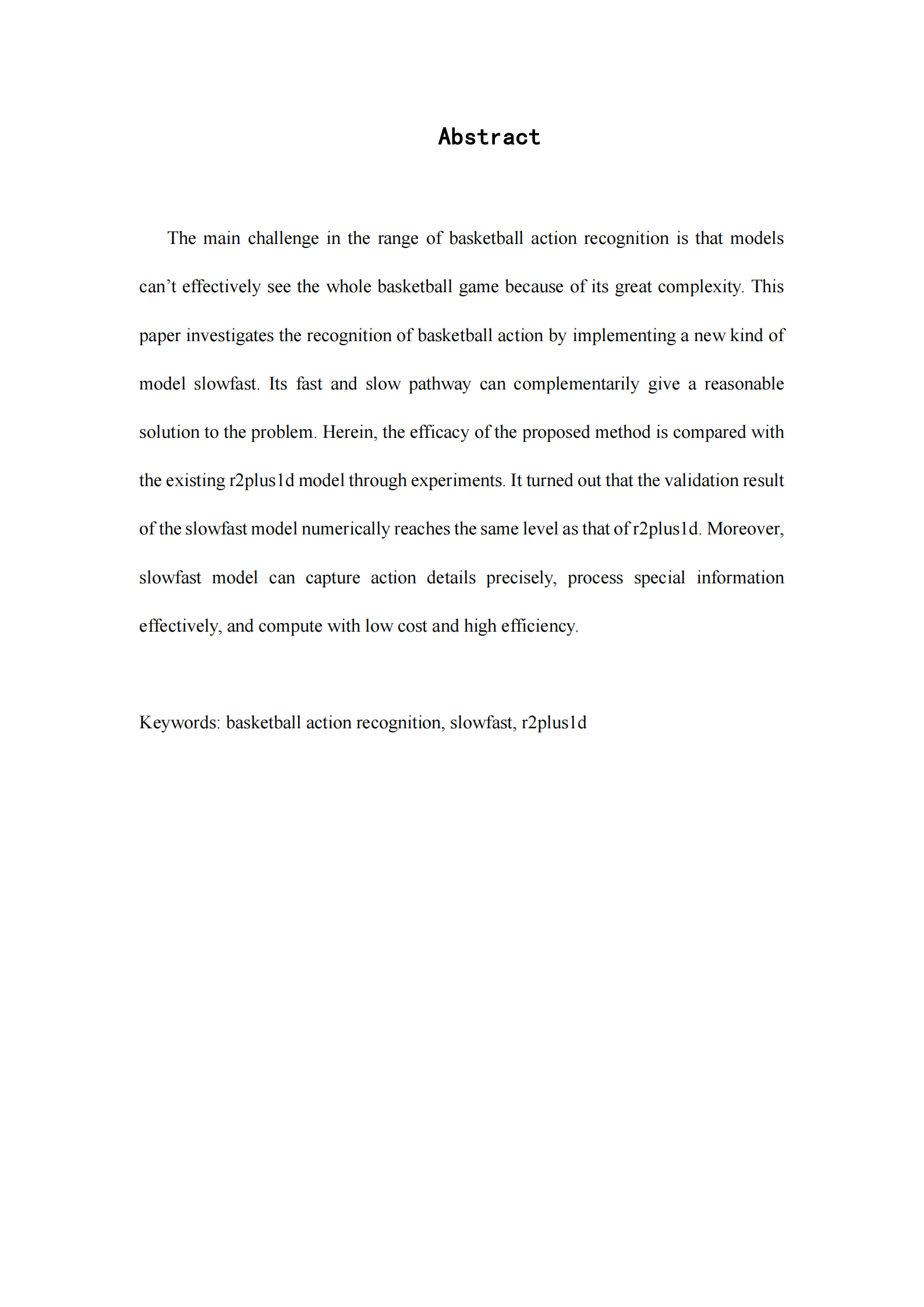 Abstract of the paper comparing SlowFast and R2plus1D for basketball action recognition