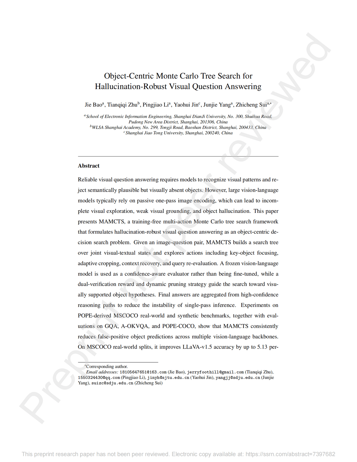 First page of the MAMCTS visual question answering paper, listing Tianqiqi Zhu of WLSA Shanghai Academy
